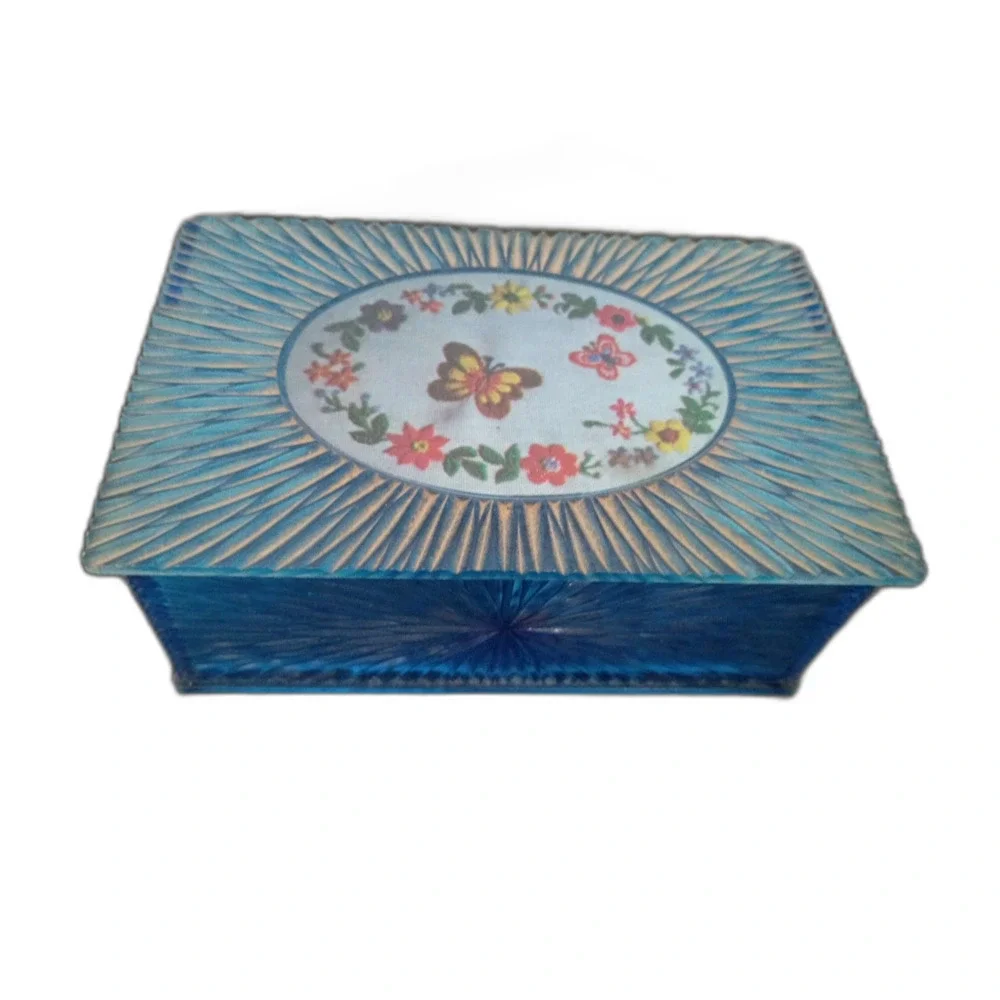 Butterflies and Flowers Blue Lucite Jewelry Trinket Box Atomic Starburst #1668